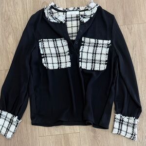 Zelia Black Long-Sleeve Blouse with Tweed Pocket & Cuff Detail